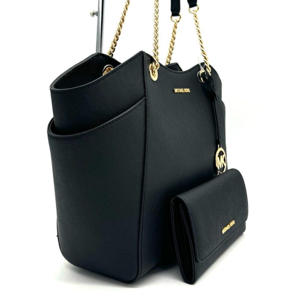 Michael Kors JST Large Chain Shoulder Tote Bag & Trifold Wallet Black/Gold - Picture 3 of 12